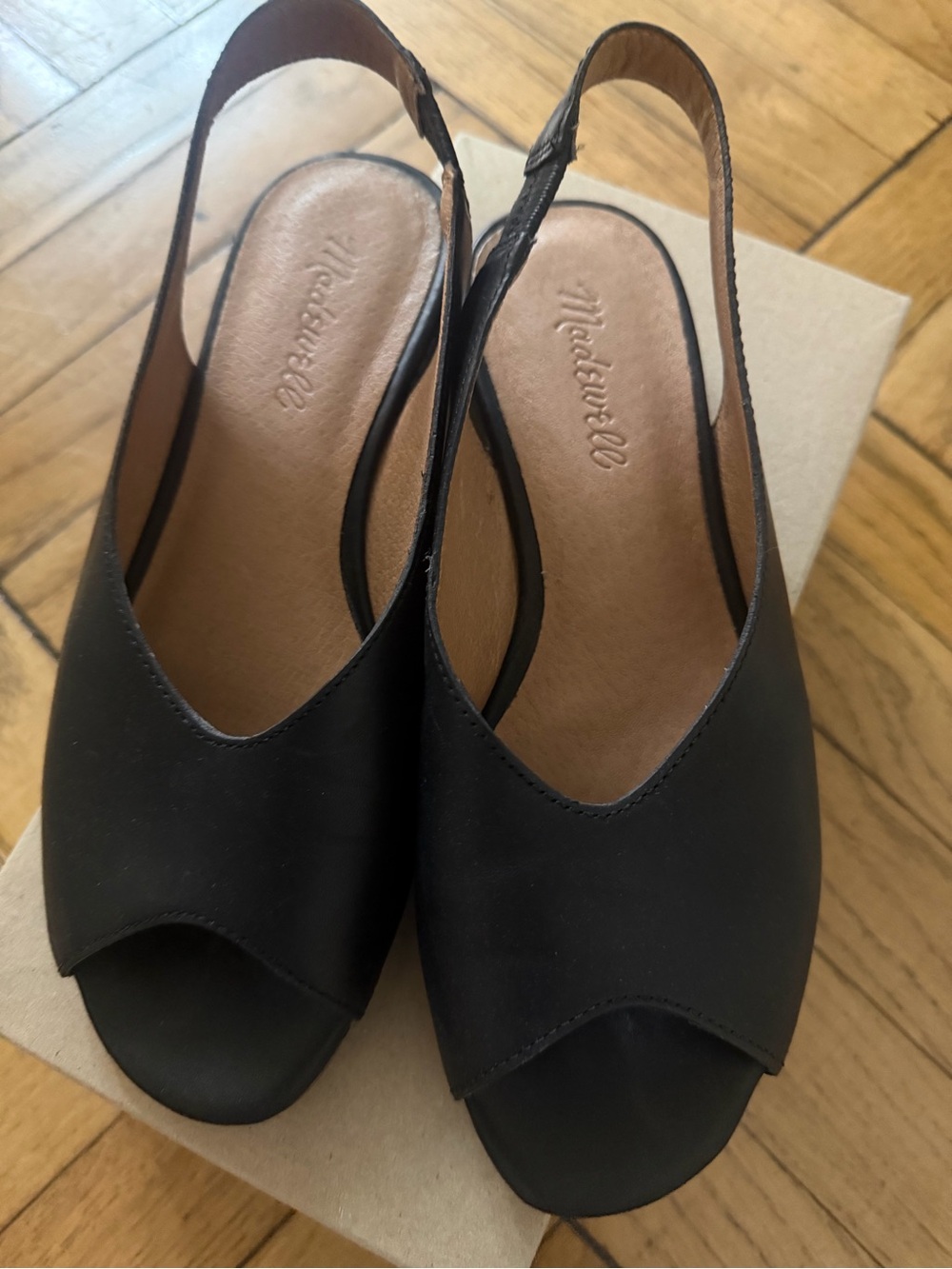 Madewell Black Leather Peep-Toe Slingback Sandals